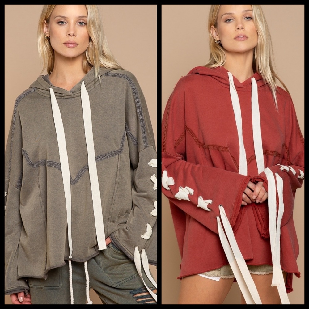 POL “Urban Chic” French Terry Hoodie Top Criss Cross Laces Down Sleeves Raw Hem - Picture 11 of 16